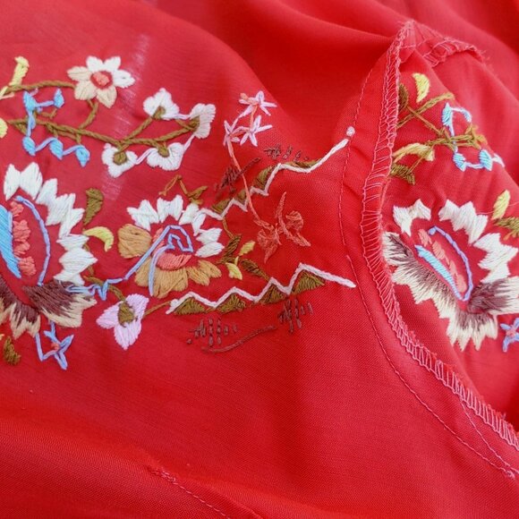 Vintage Boho Embroidered Shirt S Chinese Red Blouse Short Sleeve 60s 70s - Picture 12 of 13